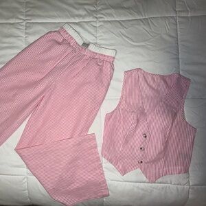 Women's Pink Striped Casual Pants and Vest Set